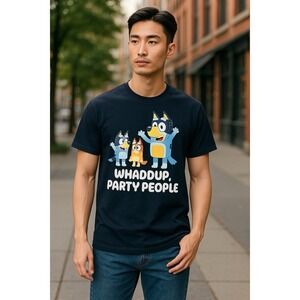 Bluey Cartoon T-shirt Whaddup Party People‎ Navy Blue Size Medium